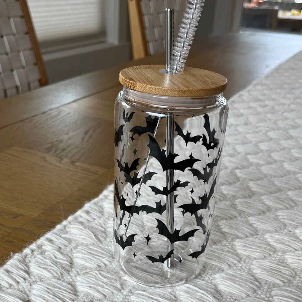 NWOT Clear Glass Tumbler with Black Bat Design